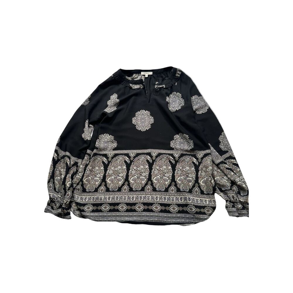 PLEIONE Women XS Flowy Blouse‎ Top Shirt Floral Pattern Cottagecore Black (273)
